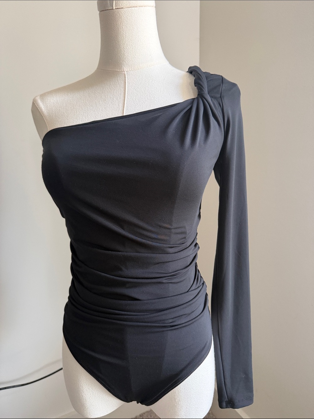 Abercrombie & Fitch Black One-Shoulder Ruched Bodysuit Dress